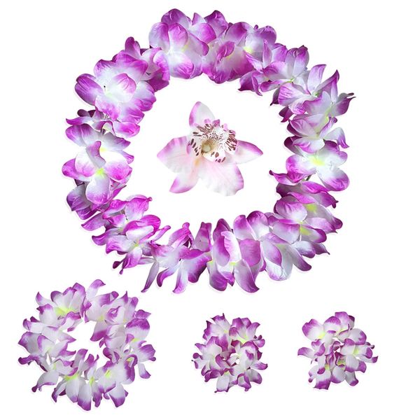 Hawaiian Leis Headband Wristbands Flower Hair Clips Luau Tropical Women Necklace Headpiece Hair Bands Hairband Bracelets Summer Beach Pool Cosplay Dress Up Birthday Party Decorations Supplies Purple