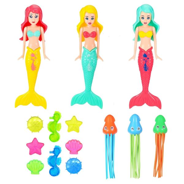 14Pcs Pool Diving Toys Set,Mermaid Underwater Diving Toys Swimming Pool Toys Set Water Toy with Diving Mermaid,Fun Squid Dive Toys, Marine Gem Diving Games Underwater Training Pool Rings for Kids