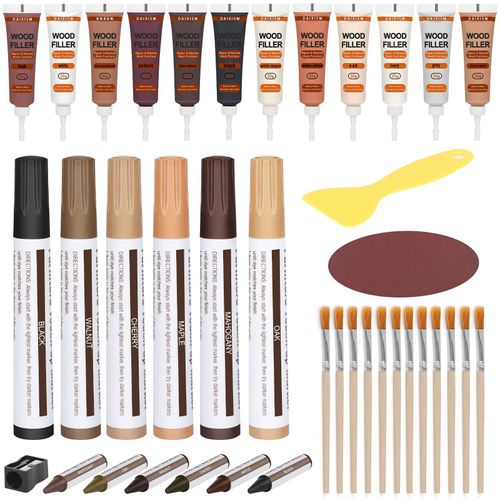 Furniture Repair Kit - Set of 39 - Resin Repair Wood Filler, Brushes, Markers with Plastic Scraper - for Stains, Scratches, Wood Floors, Tables, Desks, Carpenters, Bedposts