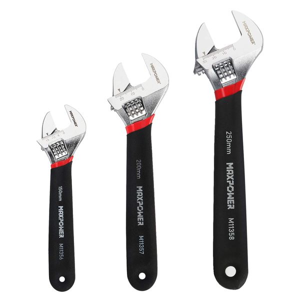 MAXPOWER Adjustable Spanner Set, 3PCs Adjustable Wrench Set Shifter Spanners with Soft Grip (6"/150mm, 8"/200mm and 10"/250mm)