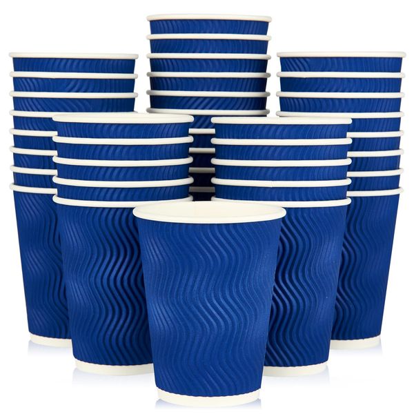 JollyPack 60 Pack Paper Coffee Cups, 12 oz Disposable Coffee Cups, Blue Hot Beverage Cups with Insulated Ripple Wall, Paper Ripple Cups for Coffee Tea Hot Chocolate