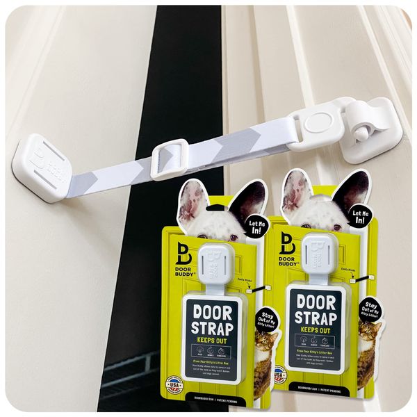 Door Buddy Adjustable Cat Door Latch - Grey 2 Pack. Pet Door Holder to Dog Proof Cat Litter Box & Keep Dog Out of Cat Food. Simpler Than Cat Gate or Interior Cat Door. Adjustable Door Strap for Pets