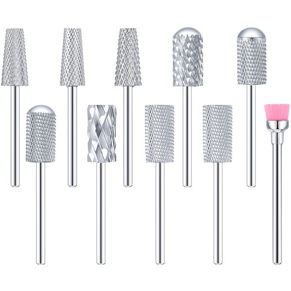 10 Pieces Nail Drill Bits Set, 3 Pieces Cone Tapered Barrel Carbide Nail Cuticle Drill Bit, 3 Pieces Flat Top Large Barrel Carbide Bit, 3 Pieces Round Top Large Barrel Head Nail Carbide Bit (Silver)