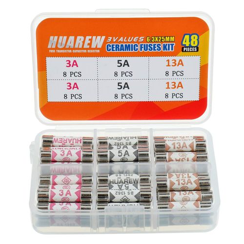 HUAREW 3 Values 48 Pcs 6.3x25 mm BS1362 3A 5A 13A 240 V 0.248x0.984 Inch Ceramic Tube Fuses Assortment Kit
