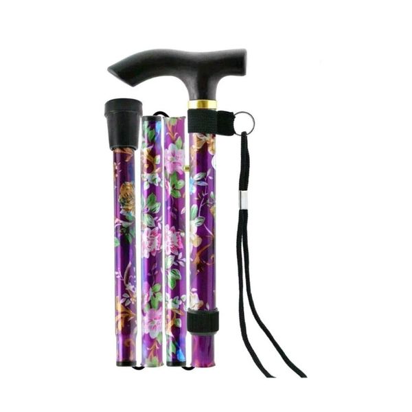 Black & Purple with Floral Design Walking Stick Lightweight Easy Folding Adjustable Metal Non Slip