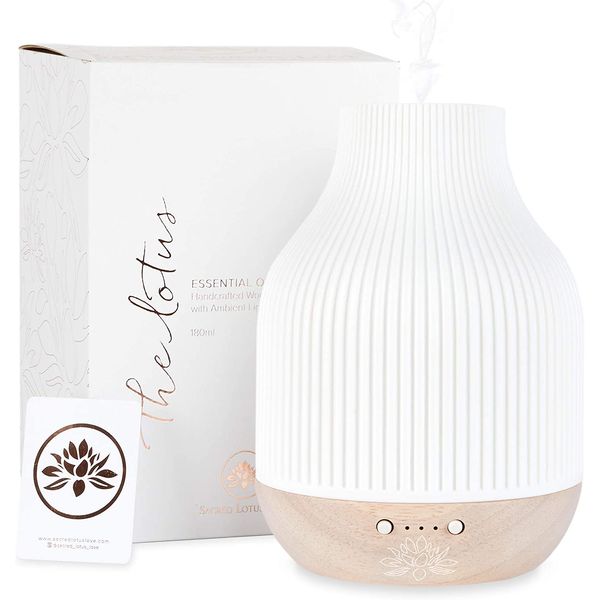 Essential Oil Diffuser Lamp, White Ceramic + Wood, Ultrasonic 180Ml, Whispersoft