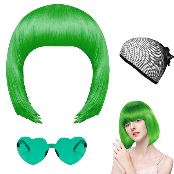 Green Wig Green Short Bob Wig And Sunglasses Wig Cover Set Womens Short Bob Wig Green Short Wig For Cosplay Party Wigs Halloween Decorations Neon Party Wigs for Women