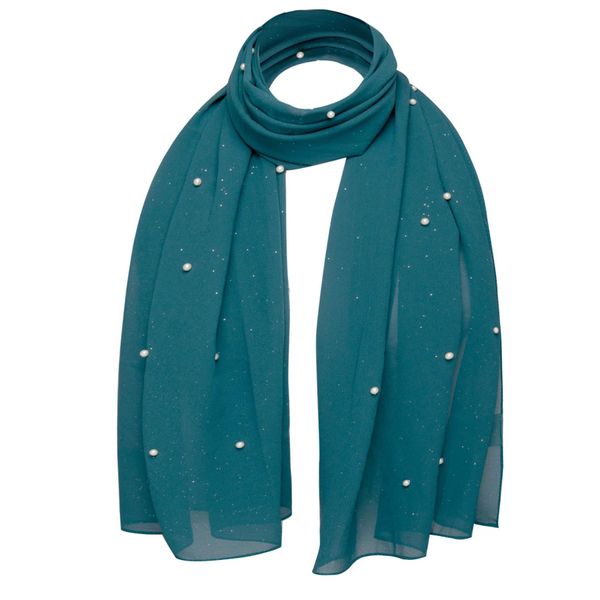 Basic Sense Chiffon Pearl Scarf Luxurious Head Wrap Hijab, Teal Blue