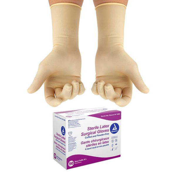 Dynarex Sterile Disposable Latex Surgical Gloves, Powder-Free, Sterilely Packaged in Pairs, Professional Medical and Healthcare Use, Veterinary Clinic, Bisque, Size 8.5, 1 Box of 50 Pairs of Gloves