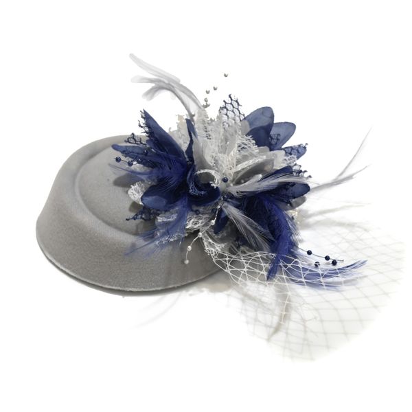 Silver Grey and Navy Pillbox Fascinator Hat for Women Weddings Bird Cage Veil Clip