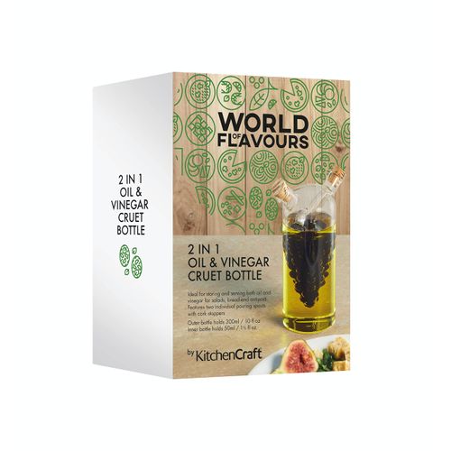 KitchenCraft World of Flavours Oil and Vinegar Dispenser Glass, 2 in 1 Oil and Vinegar Bottle, Cruet Bottle with Cork Stoppers, Grapes Design, 50 + 300 ml