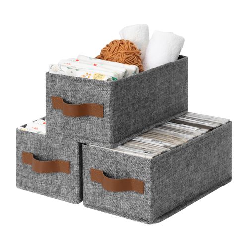 GRANNY SAYS Small Fabric Storage Bins with PU Handles, Storage Baskets for Shelves, Toilet Paper Storage, Narrow Baskets for Organizing DVD, Photos, Clothes, Diaper, Sock, Cd, 3-Pack, Gray