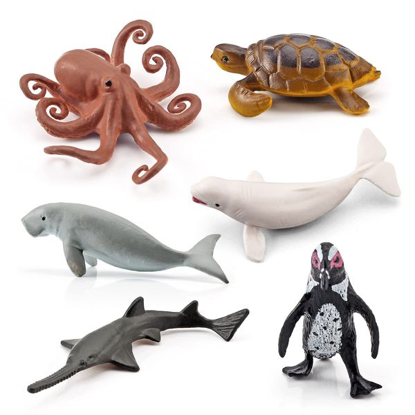 Ocean Sea Marine Animal Figure Toys Playsets 6 PCS Mini White Whale Sea Turtle Penguin Octopus Mermaid Model Toy Desktop Decoration Collection Party Favors Toys for Boys Girls Kids