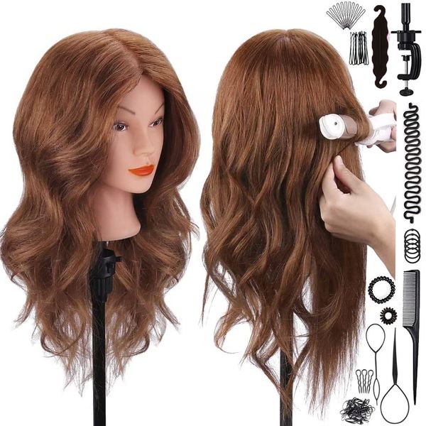 Mannequin Head with 100% Human Hair, SZCY LLC 18" Dark Brown Real Hair Cosmetology Mannequin Head Hair Styling Hairdressing Practice Training Doll Heads with Clamp Holder and Tools