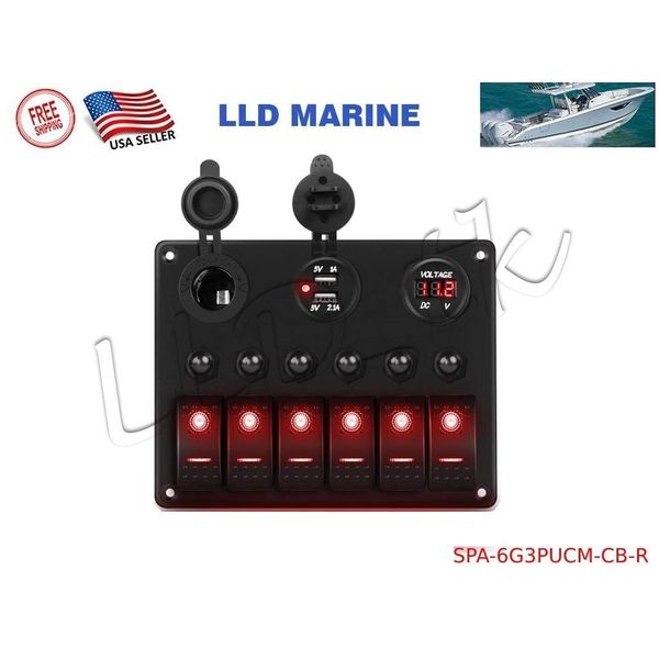 6 Gang ON OFF Rocker Toggle Switch Panel Circuit Breaker USB Voltmeter Boat RV