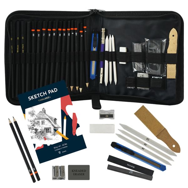 Tavolozza Art Supplies 34 Piece Sketching Pencils and Drawing Set in Travel Carry Case- Includes Pencils, Charcoal Pencils,Charcoal Sticks, Erasers and More Accessories