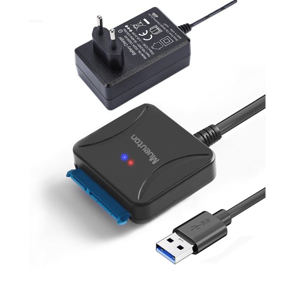 Mueuton SATA USB Adapter, USB 3.0 auf SATA III Festplattenadapter für 2,5 Zoll / 3,5 Zoll HDD/SSD Festplatte und SATA optisches Laufwerk mit 12 V/2 A Netzadapter