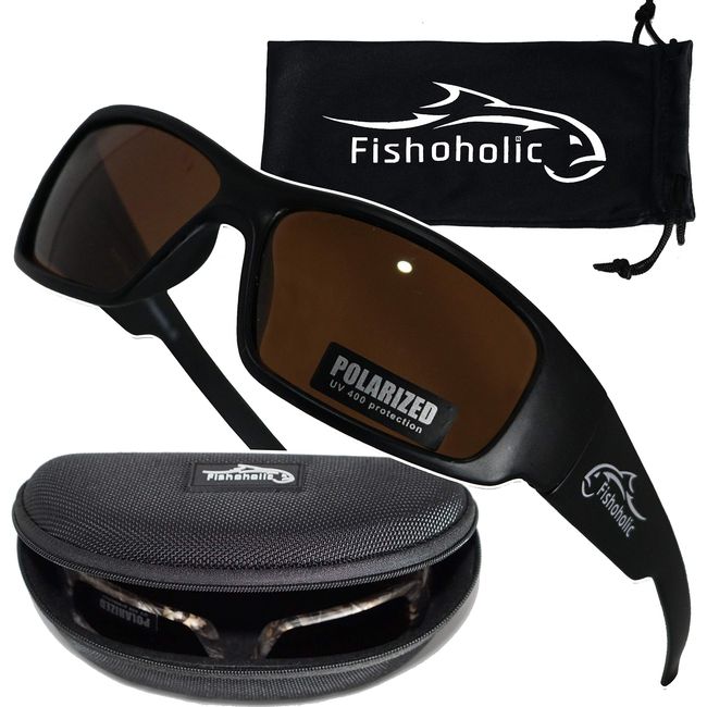 Fishoholic Polarized Fishing Sunglasses (8 Color Options) - Free Hard Case & Pouch - UV400 - Great Fishing Gift for Dad Son (mb-AMB)