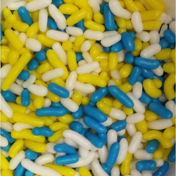 The Brittle Box Candy Company BRAND Ice Cream Toppings Jimmie Sprinkles YELLOW AND WHITE BLUE mix