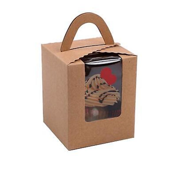 50 Pcs Individual Kraft Cupcake Holder Single Cupcake Boxes w/ Window and Handle