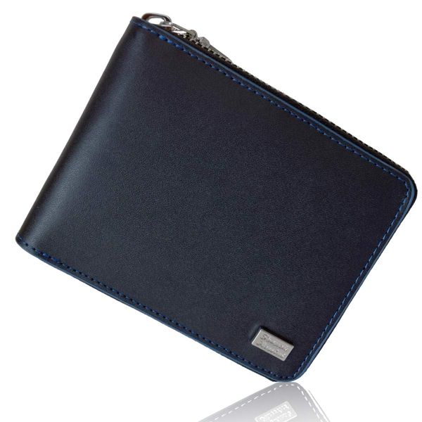 FRANCK ROSSINI Men's Bifold Wallet, Cowhide Leather, Round Zipper, Black/blue