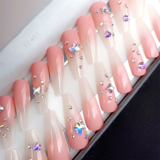 Long Luxury Rhinestone Fake Nails Black French Tips Press On False