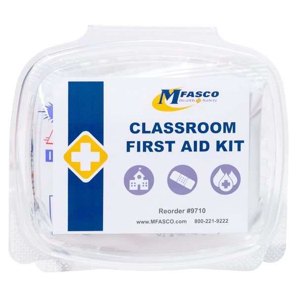 MFASCO Classroom First Aid Kit Pack - Comprehensive Supplies for School Emergencies - Clear Plastic Container - Small Compact Kit - Fits Teacher Desks & Cupboards - for Minor Kid Emergencies - 21 Pcs