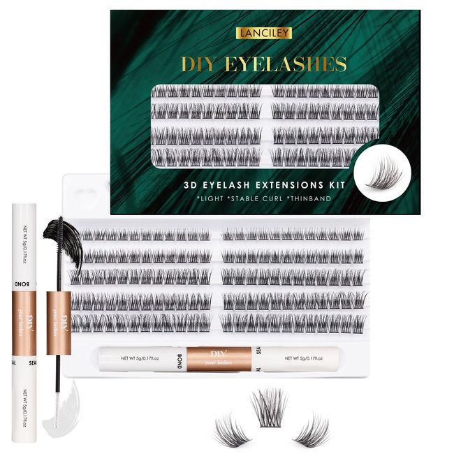 Lanciley Lash Extension Kit 120 Lash Clusters with Lash Bond and Seal and Tweezers C D Curl Individual Lashes Thin Band Soft Fluffy Reusable False Eyelashes 10/12/14/15/16mm - L23