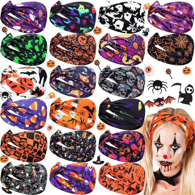 20 Pcs Halloween Headbands Elastic Non Slip Hair Accessories Bulk Pumpkin Pattern Halloween Hairband for Women Girl