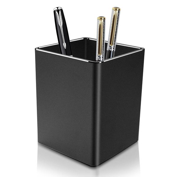 VAYDEER Metal Pen Holder Aluminum Pen Pot, Square Pencil Holder Pot, Desktop Stationery Holder Cup for Desk, Office/School Pen Storage Organizer with Metallic Finish to Keep Desk Tidy- Black