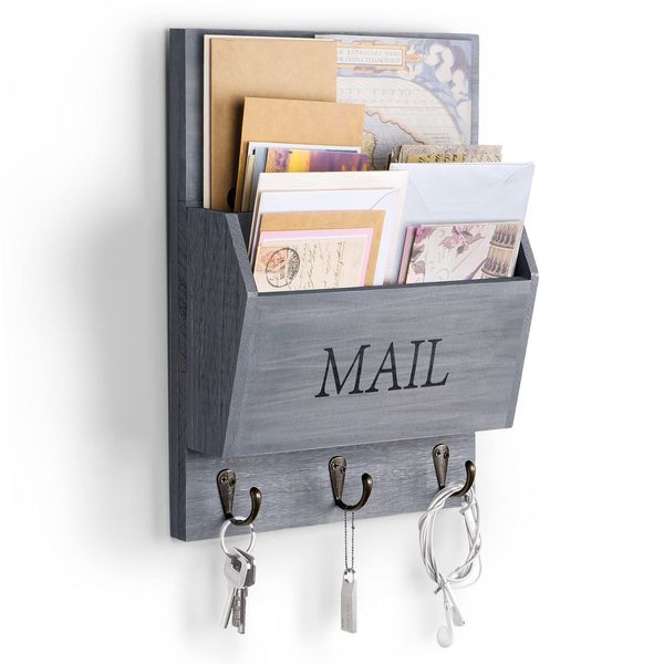 DLQuarts Mail Organizer with Key Holder for Wall Decorative Mail Sorter Wall Mounted, Wooden Mail Holder with 3 Hooks, Gray