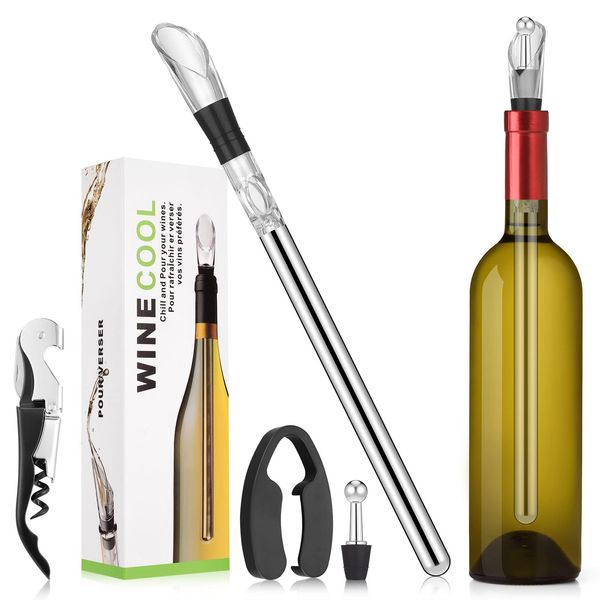 Zocipro Wine Cooler Stick Set, 4-in-1 Stainless Steel Bottle Chiller Rod with Bottle Opener, Zinc Alloy Wine Stopper, Paper Cutter, Wine Chiller Stick for for White Wine & Red Wine