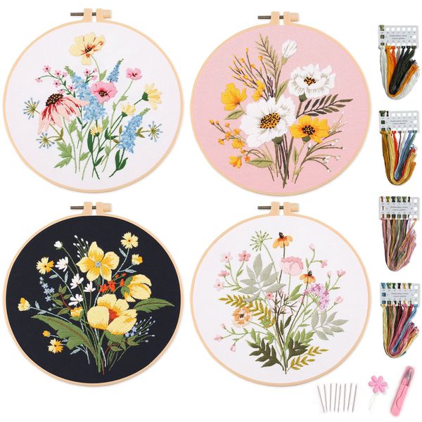 Myfilicity Embroidery kit, 4 Floral Pattern Embroidery Material Set, Including 4* Embroidery Fabric with pre-Printed Pattern, 4* Threads, 1* Hoop, etc.