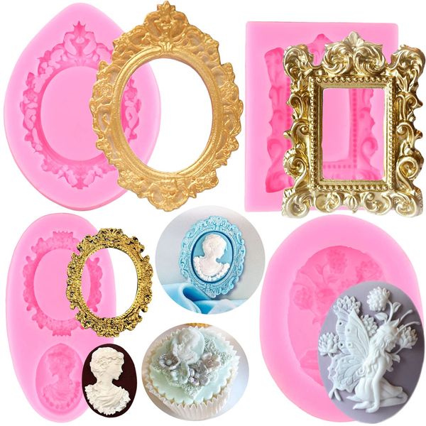 RFGHAC Cameo Picture Frame Silicone Moulds Angel Fairy Fondant Mould Mirror Frame Lady Avatar Chocolate Mould for Cake Decoration Cupcake Topper Candy Gum Paste Set of 4