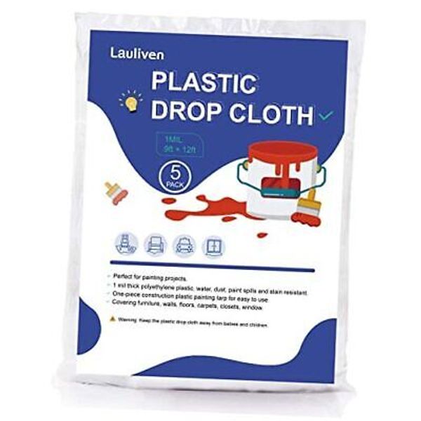 5-Pack Plastic Drop Cloth, 9x12 Feet Clear Plastic Painting 5 Pack, 9'x12'