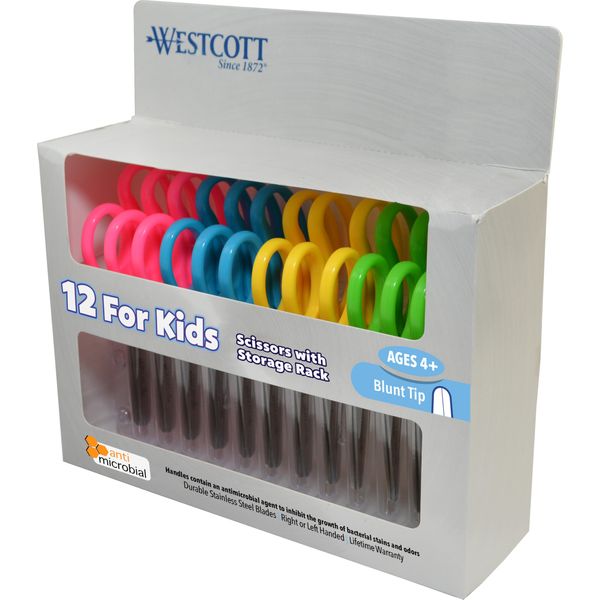 Westcott 14871 Right- and Left-Handed Scissors, Kids' Scissors, Ages 4-8, 5-Inch Blunt Tip, Assorted, 12 Pack