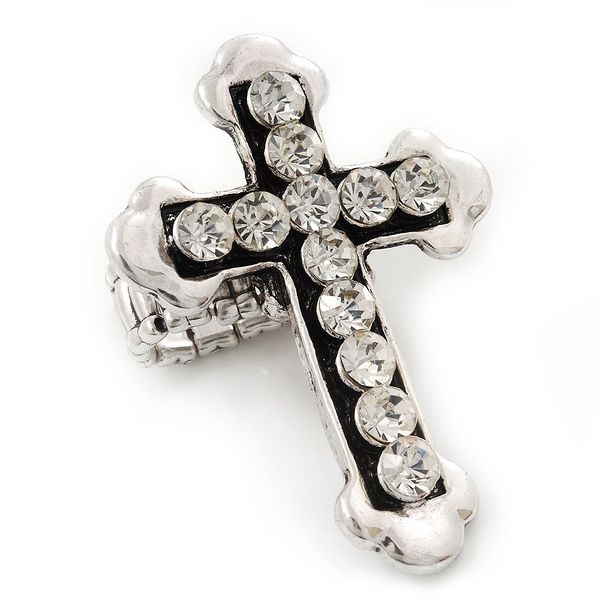 Avalaya Fleur de Lis Crystal Set Cross Stretch Ring/Aged Silver Finish/6cm L/Adjustable/Size 7/8