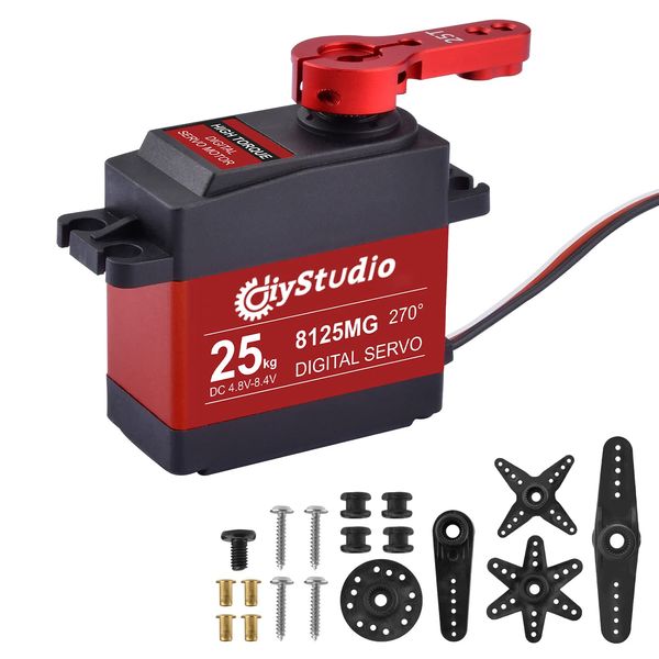 DiyStudio Servo Motor, 25KG Digital Servo, High Torque Metal Gear, Waterproof Steering Servo Motor, Double Ball Bearings, 25T Aluminum Half Arm, Suitable for RC Helicopters, Airplanes, Boats, RC