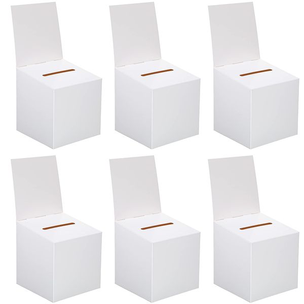 6 Pcs Ballot Box Raffle Box Donation Box for Fundraising, 6 x 6 x 6 Inch Cardboard Box with Slot for Ticket and Removable Header Charity Box for Collecting Business Card Voting Contest (White)