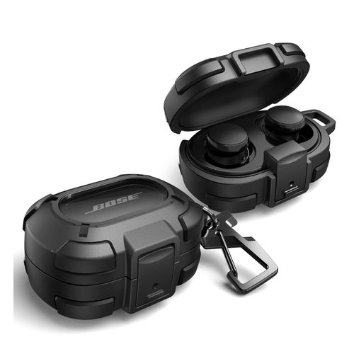 Dexnor for Bose QuietComfort Earbuds Protective Case with Drop-Proof Lock, Shockproof Rugged Bumper Cover with Carabiner & Keyring for Bose QuietComfort Earbuds 2024 Black（Charger not Included）