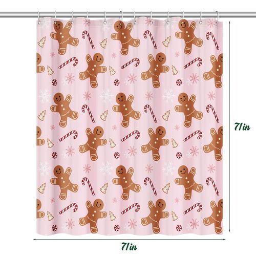 Christmas Shower Curtain Set: Pink Cute Gingerbread Man Candy Cane Bathroom Shower Curtain with Hooks, Winter Merry Christmas Fabric Bath Shower Curtain for Bathroom Decorations Home Indoor Decor