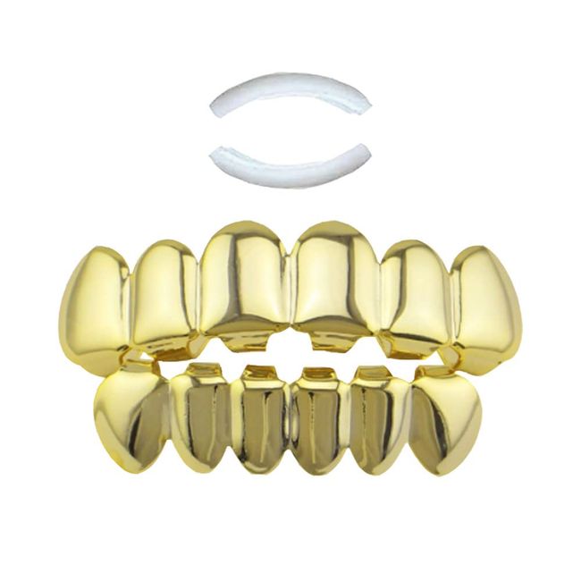 SSyang Hip Hop Teeth Grill Set，18K Gold Plated Hip Hop Grillz Plattierte Hip Hop Zähne Gold überzogene Zähne Hip Hop + 2 Extra-Streifen zum Formen，für Teeth für Zahnpflegesets Party Performance(Gold)