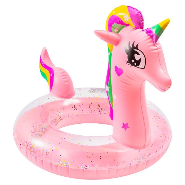 GROBRO7 Pink Unicorn Inflatable Pool Float with Glitters for Toddlers Summer Swimming Pool Ring Outdoor Water Lounge Raft Vinyl Swimming Floaty Pool Toy Beach Party Supplies for Kids, Age 3 to 8