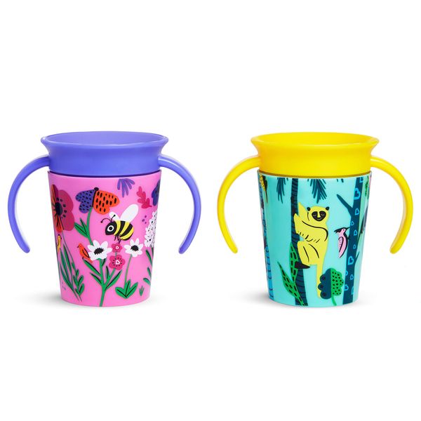 Munchkin WildLove Trainer Miracle 360 Cup, Toddler Cup, BPA Free Baby & Toddler Sippy Cups with Handles, Non Spill Cup, Dishwasher Safe Baby Cup, Leakproof Childrens Cup - 6oz/177ml, 2 Pack, Lemur/Bee