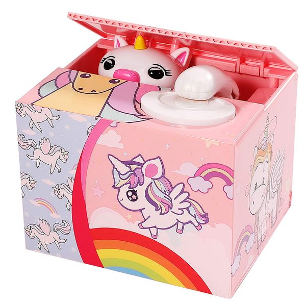 Pinkgarden Unicorn Money Box for Kids, Cute Piggy Bank with Automatic Stealing Coin Money Bank and Clear English Voice Prompt for Girls Boys