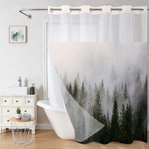 mamrug No Hook Shower Curtain Set with Snap-in Fabric Liner,Nature Misty Forest Without Hook Shower Curtain with Transparent Mesh Top Window for Bathroom Waterproof & Washable 71" x 74"
