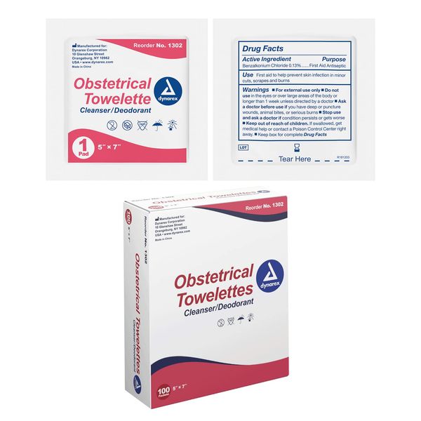Dynarex 1302 Obstetrical Towelette, Benzalkonium Chloride Wipes with 5% Alcohol, Pre-Moistened, Scented & Individually Wrapped Sanitizing Wipe, 5" x 7", Pack of 100
