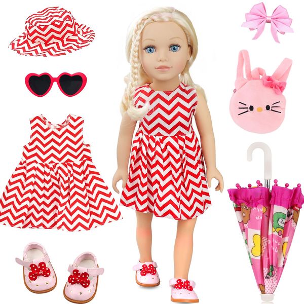 6 Pcs Doll Clothes and Accessories for Doll, 18 Inch Doll Outfit Collection Including Short Skirts Hat Glasses Hair Cllip Shoes Bag for Girls Birthday Gifts