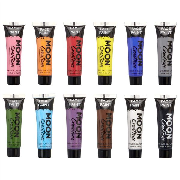 Moon Creations Face & Body Paint Tubes | Set of 12 | 12ml | Ready to Use Face Paint | No Flake | Cruelty Free, Made in UK | Face Paint for Kids, Adults, Fancy Dress, Festivals, Halloween & More