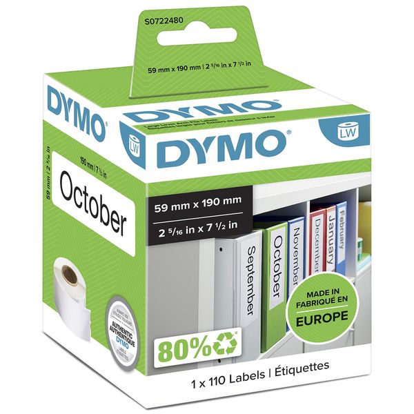 DYMO Authentic LabelWriter Lever Arch File Labels | 59 mm x 190 mm | Self Adhesive | Roll of 110 Easy-Peel Labels | for LabelWriter Label Makers | Made in Europe